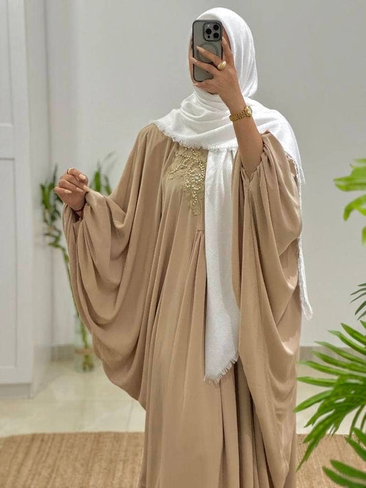 Beige Kaftan Abaya with Pearl and Bead Embroidery