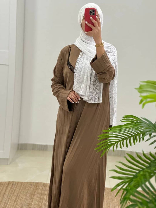 Brown Pleated Abaya with Open-Front Design