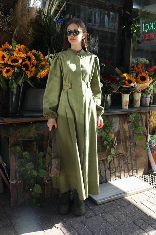 Elegant Olive Green Maxi Dress with Puff Sleeves