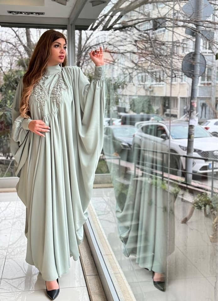 Sage Green Kaftan Abaya with Embroidered Detailing
