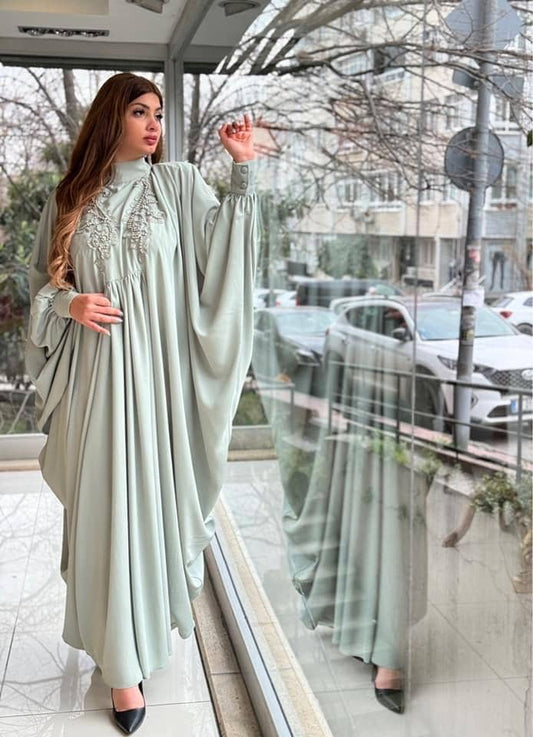 Sage Green Kaftan Abaya with Embroidered Detailing